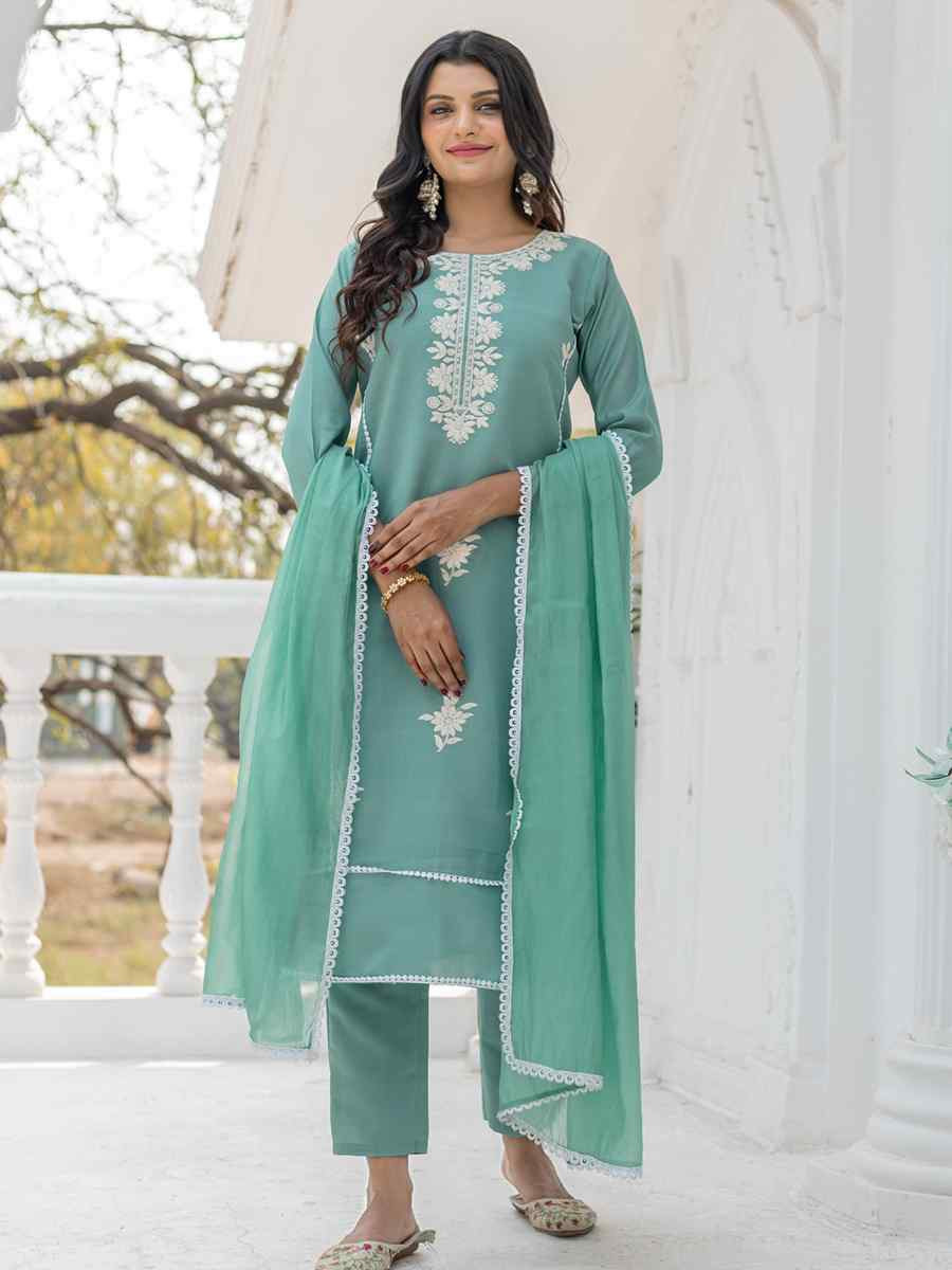 Green Chanderi Silk Embroidered Party Wedding Ready Pant Salwar Kameez