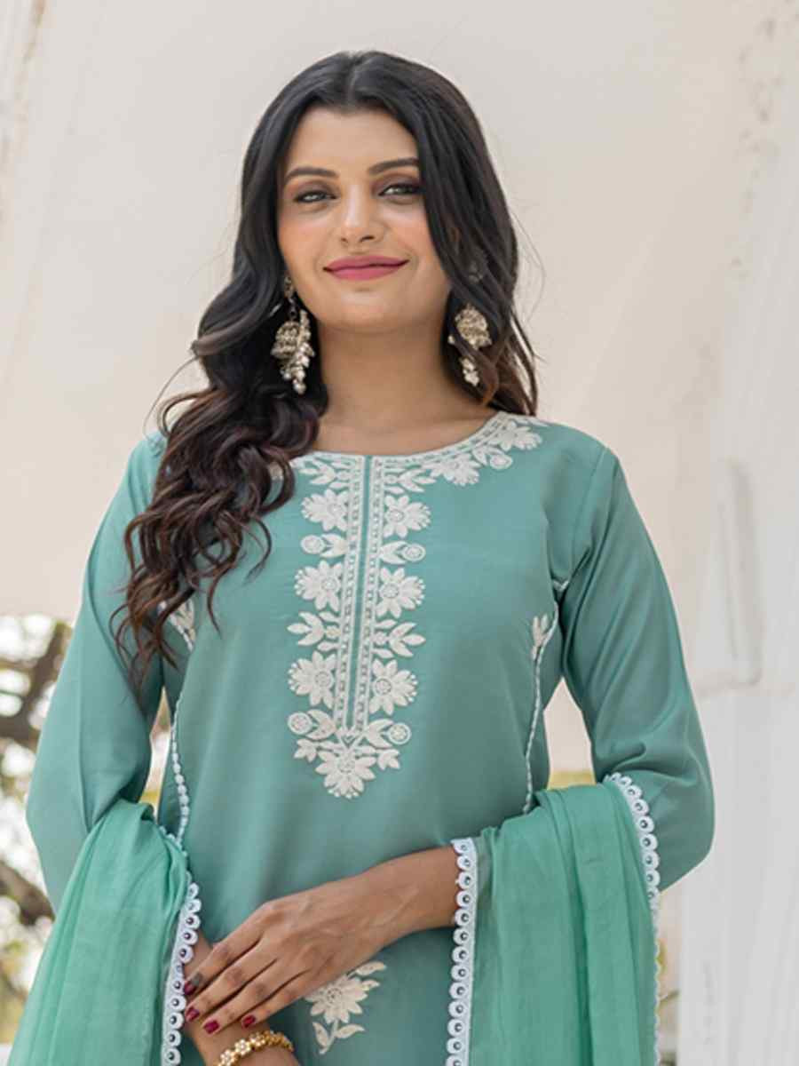Green Chanderi Silk Embroidered Party Wedding Ready Pant Salwar Kameez