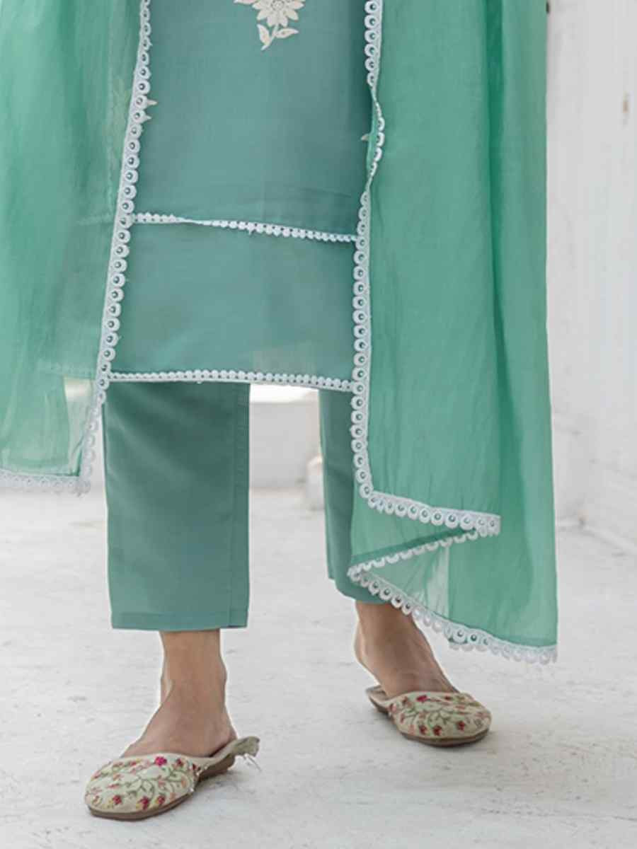 Green Chanderi Silk Embroidered Party Wedding Ready Pant Salwar Kameez