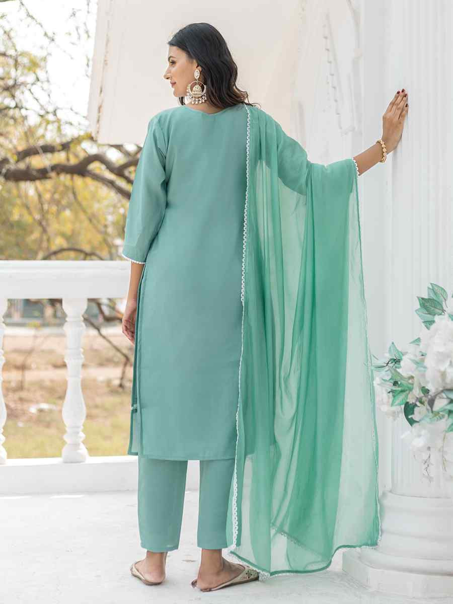 Green Chanderi Silk Embroidered Party Wedding Ready Pant Salwar Kameez