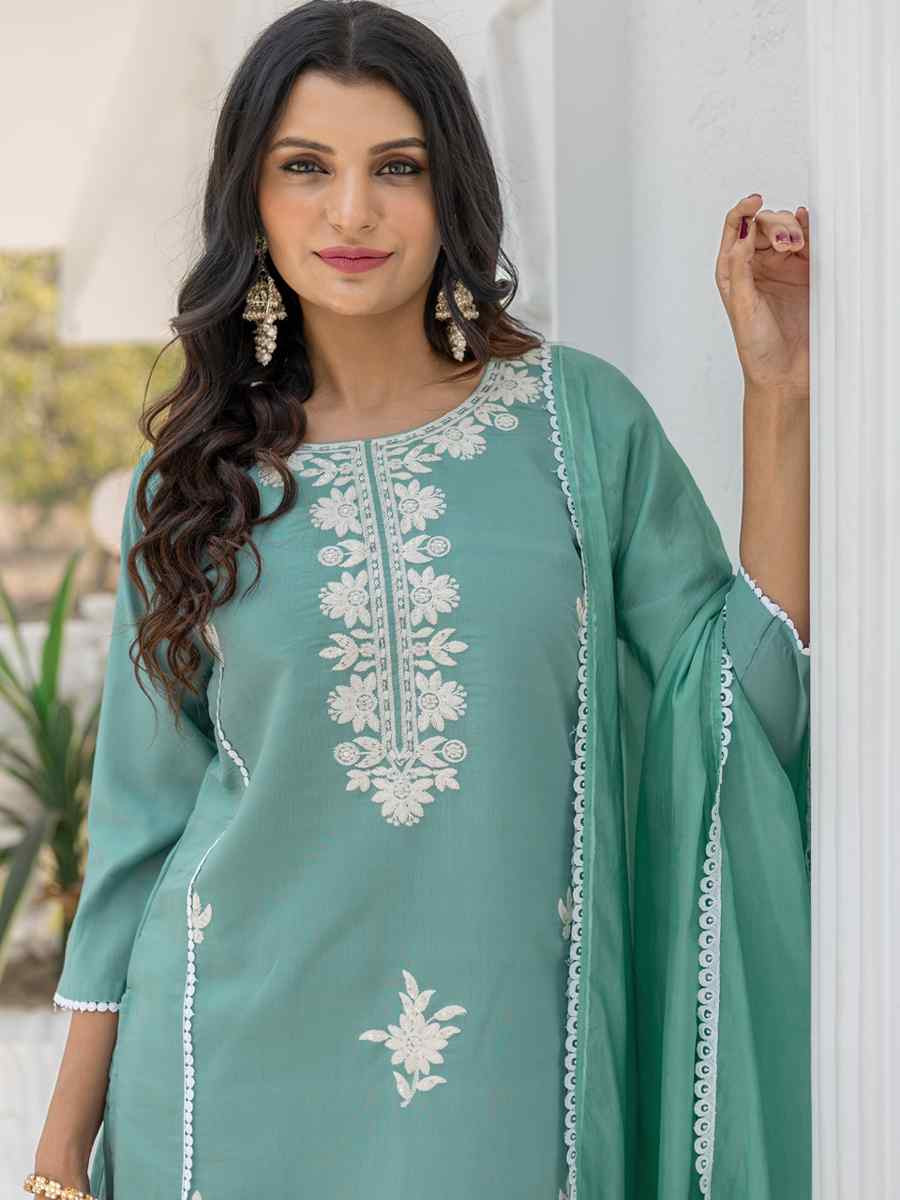 Green Chanderi Silk Embroidered Party Wedding Ready Pant Salwar Kameez