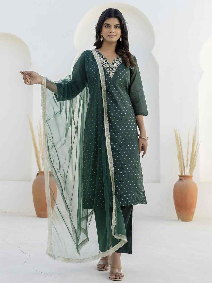 Green Chanderi Silk Embroidery Party Wedding Festival Casual Ready Pant Salwar Kameez