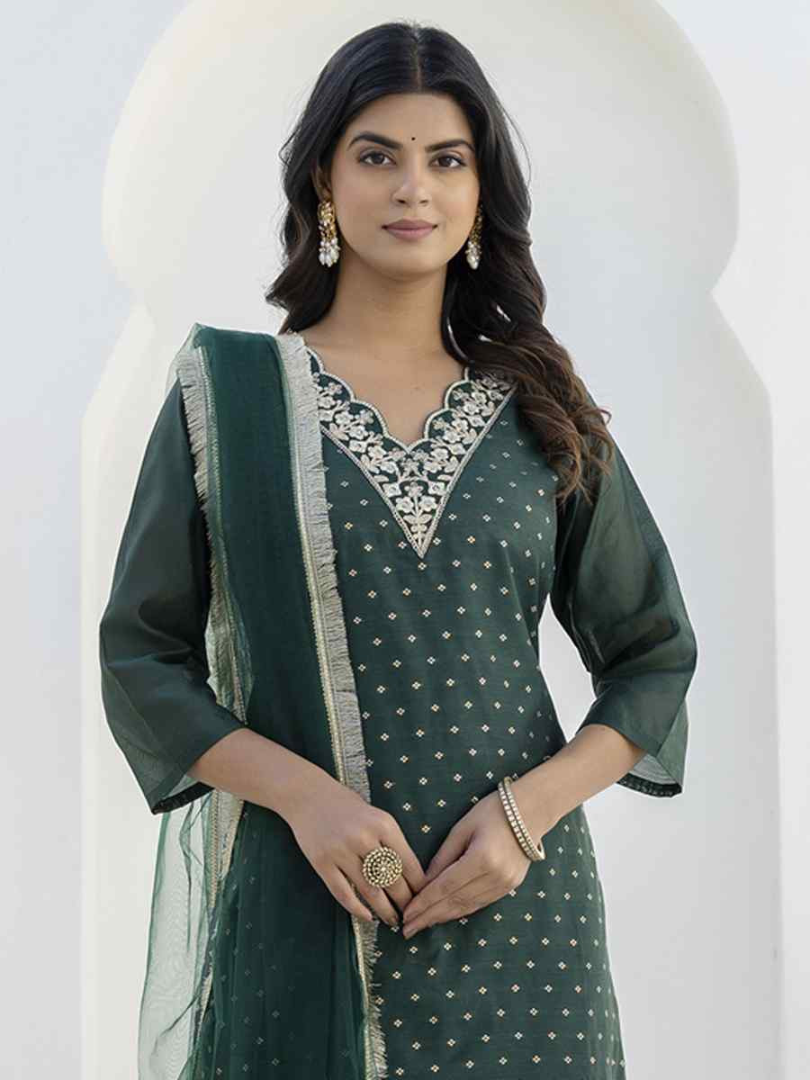 Green Chanderi Silk Embroidery Party Wedding Festival Casual Ready Pant Salwar Kameez