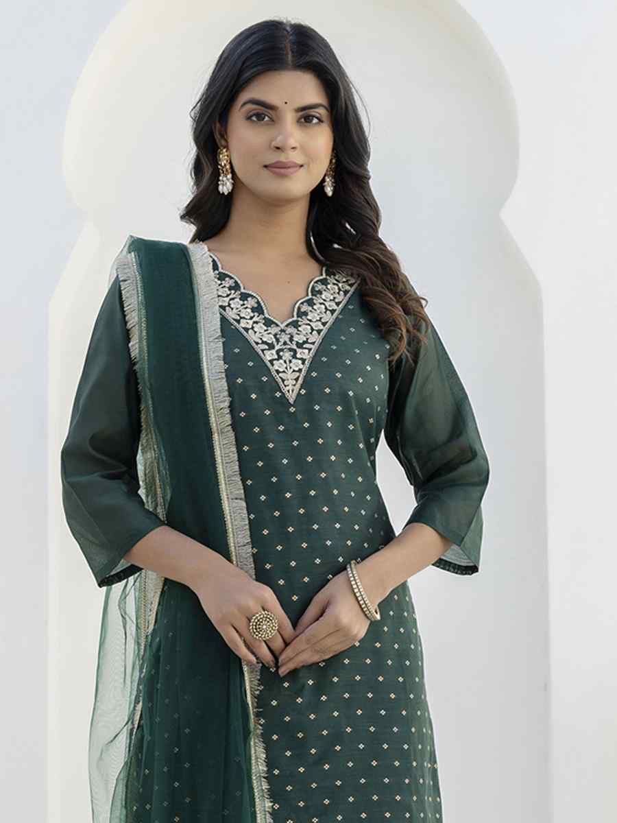 Green Chanderi Silk Embroidery Party Wedding Festival Casual Ready Pant Salwar Kameez