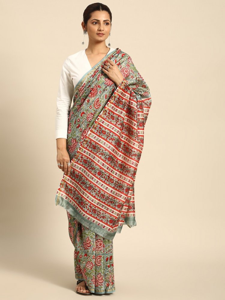 Green Chanderi Silk Printed Festival Casual Contemporary Sarees