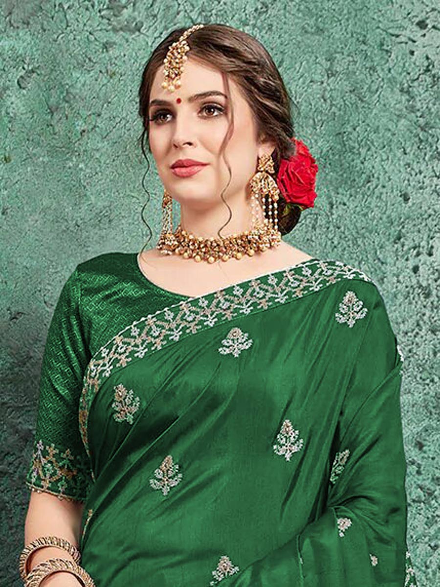 Green Chiffon Embroidered Festival Saree