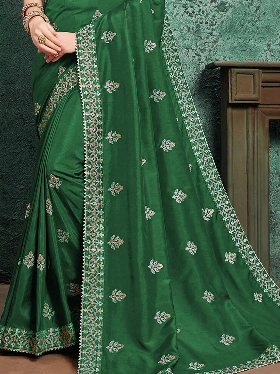 Green Chiffon Embroidered Festival Saree