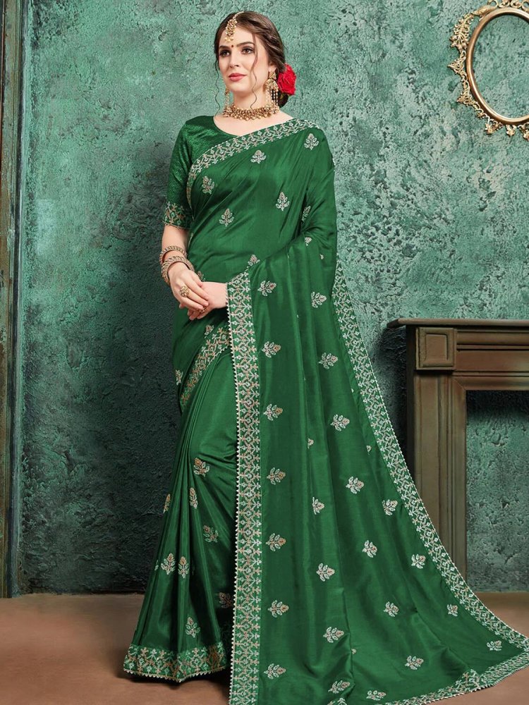 Green Chiffon Embroidered Festival Saree