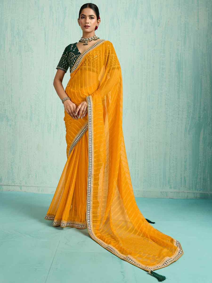 Green Chiffon Embroidery Bridal Reception Festival Wedding Fancy Heavy Border Saree