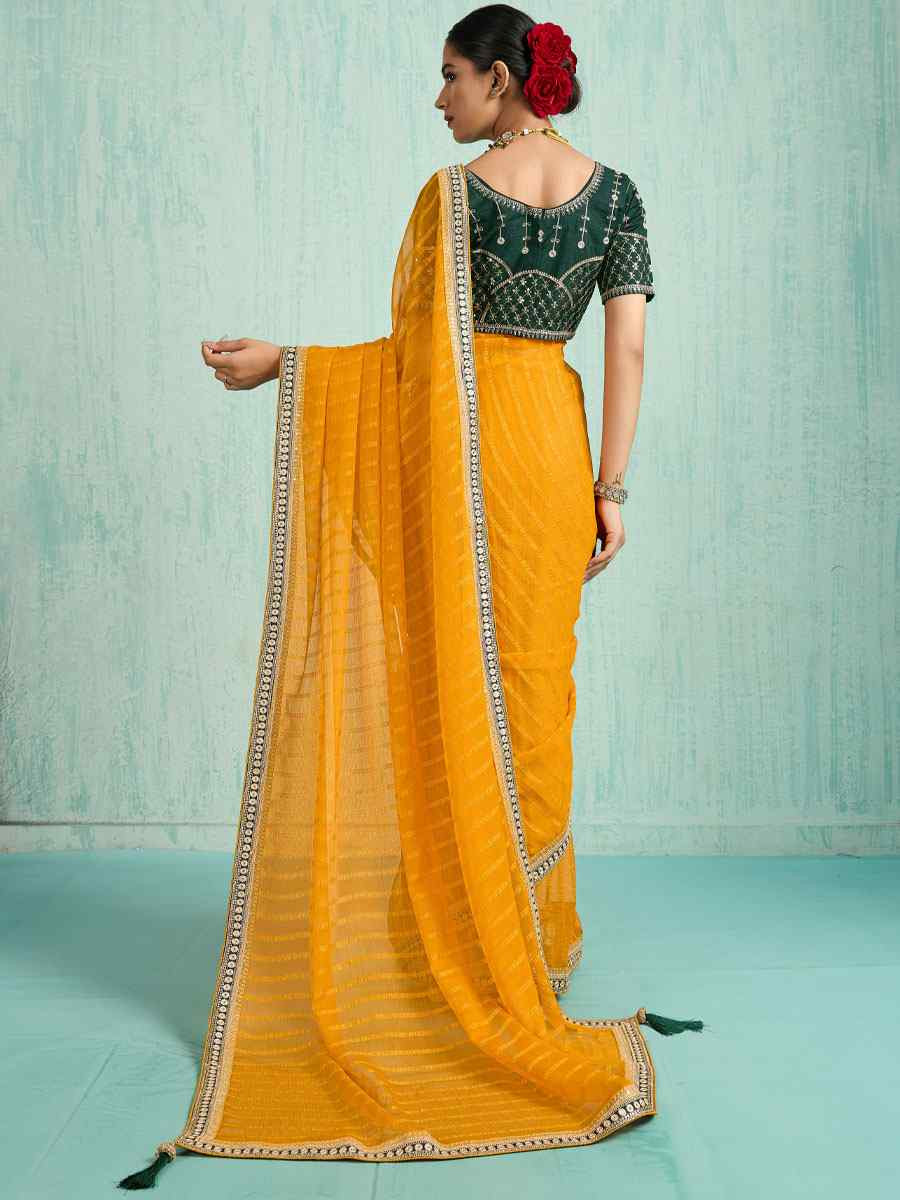 Green Chiffon Embroidery Bridal Reception Festival Wedding Fancy Heavy Border Saree