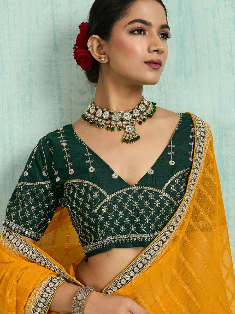 Green Chiffon Embroidery Bridal Reception Festival Wedding Fancy Heavy Border Saree