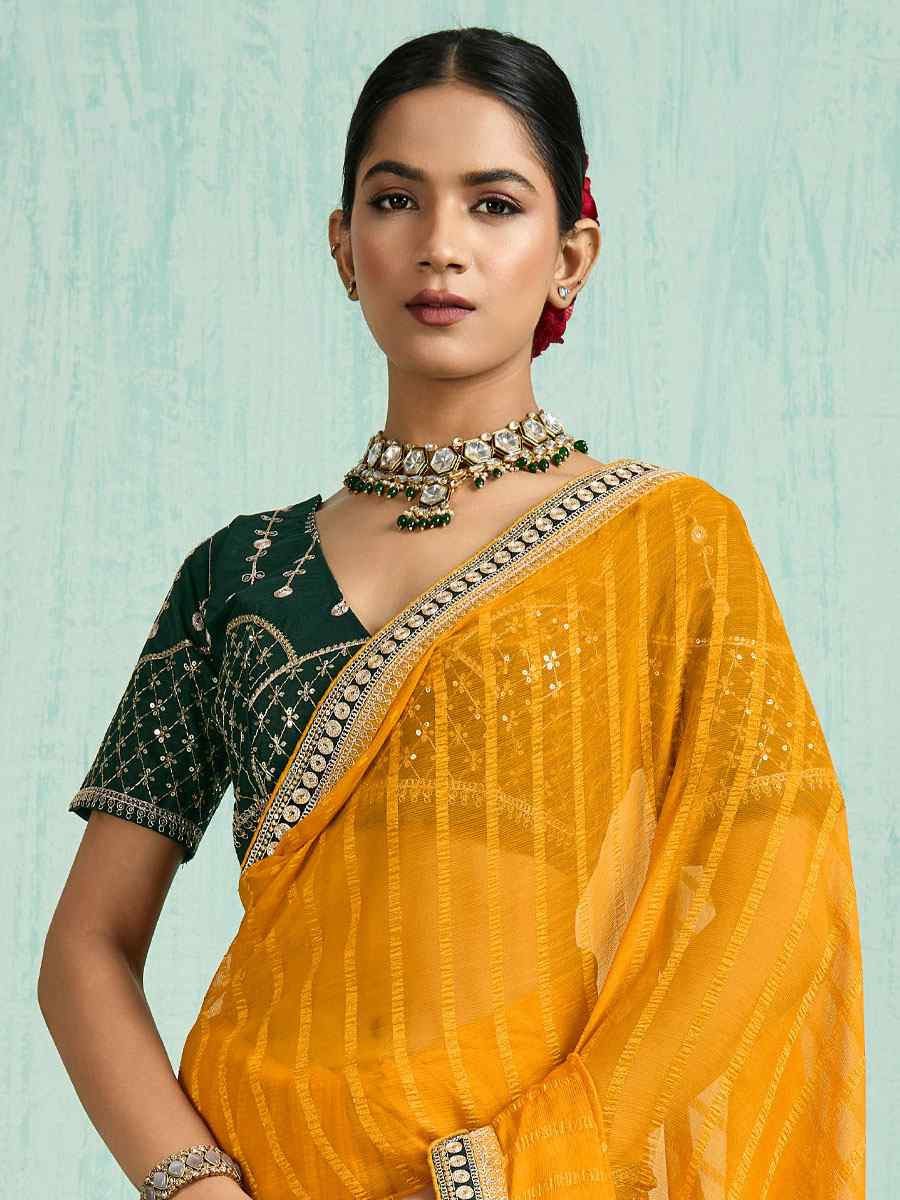 Green Chiffon Embroidery Bridal Reception Festival Wedding Fancy Heavy Border Saree