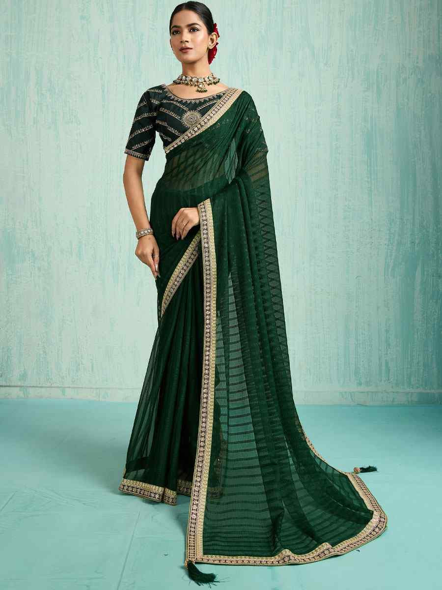Green Chiffon Embroidery Bridal Reception Festival Wedding Fancy Heavy Border Saree
