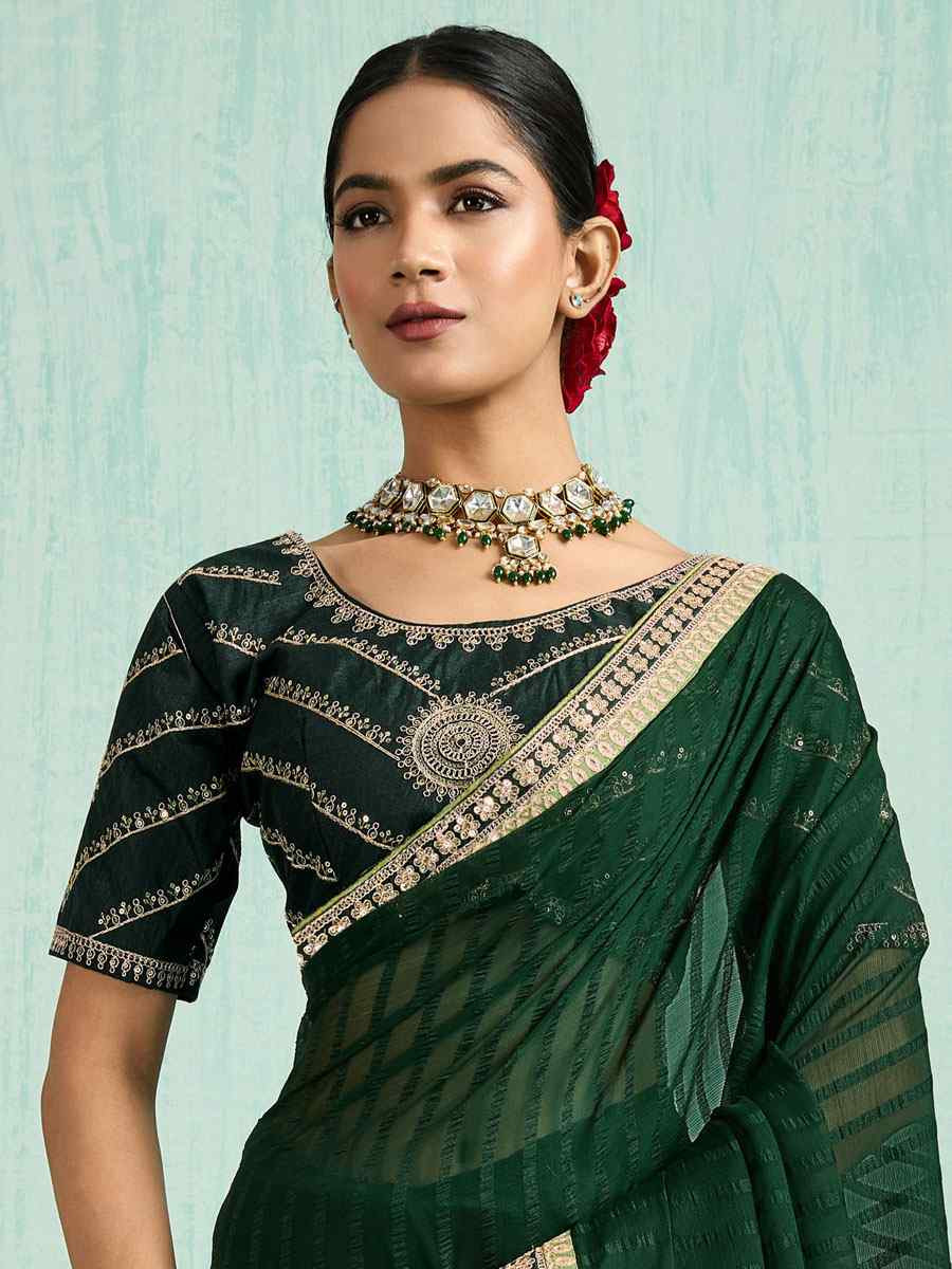 Green Chiffon Embroidery Bridal Reception Festival Wedding Fancy Heavy Border Saree