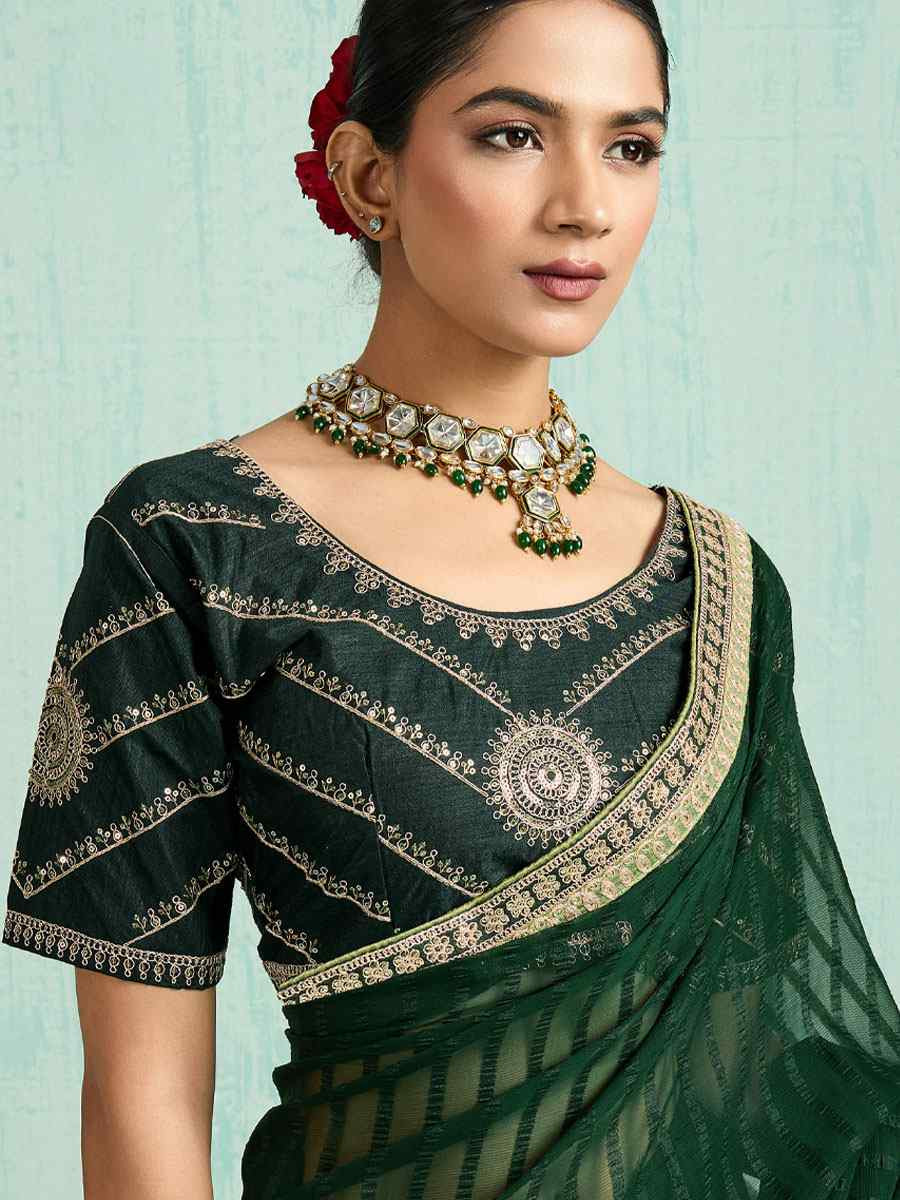 Green Chiffon Embroidery Bridal Reception Festival Wedding Fancy Heavy Border Saree