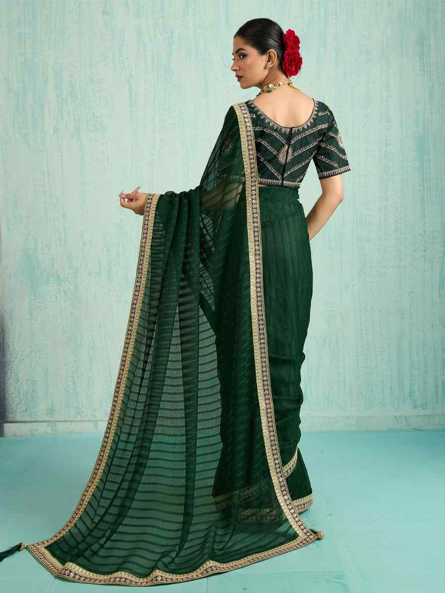 Green Chiffon Embroidery Bridal Reception Festival Wedding Fancy Heavy Border Saree