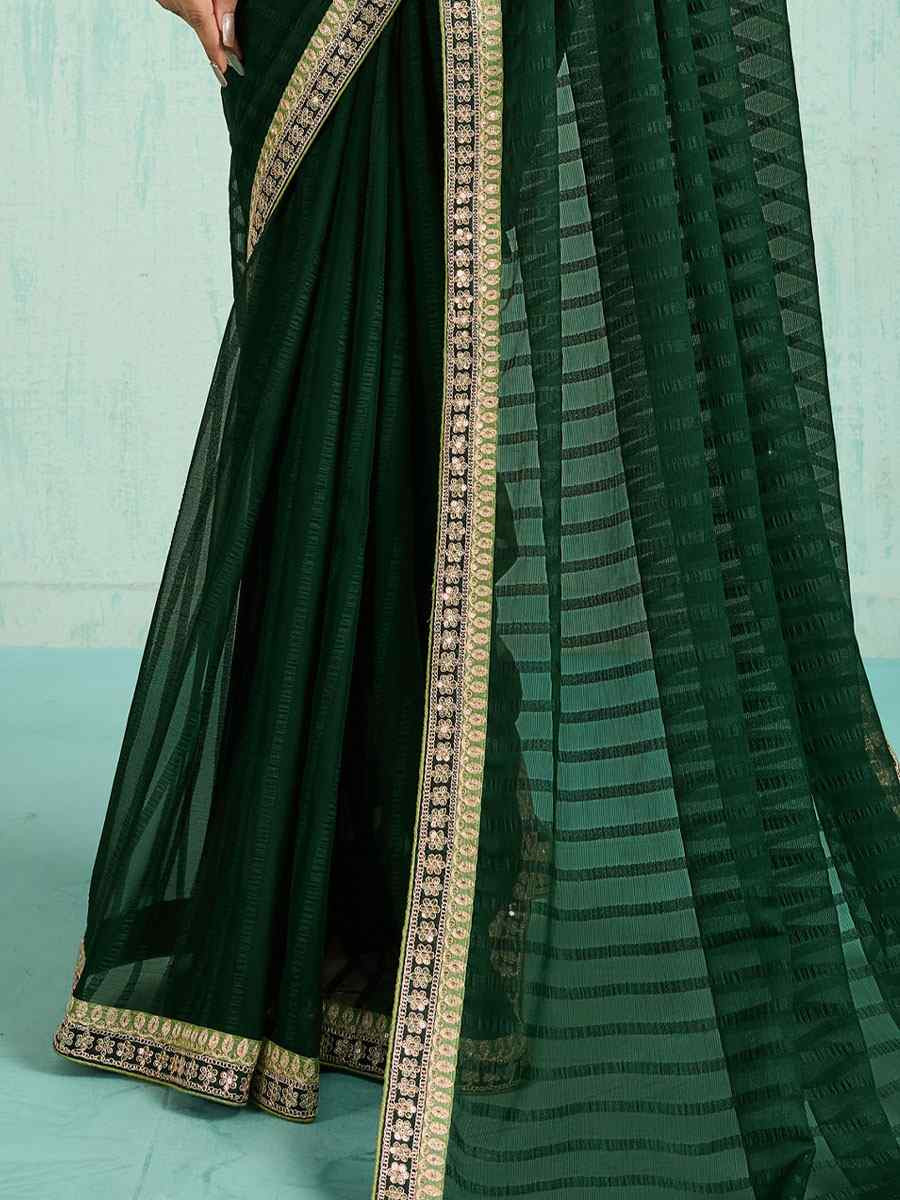 Green Chiffon Embroidery Bridal Reception Festival Wedding Fancy Heavy Border Saree