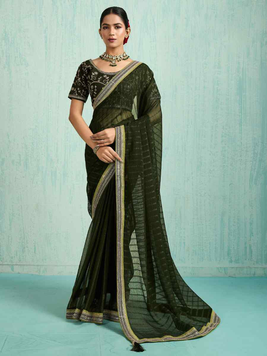 Green Chiffon Embroidery Bridal Reception Festival Wedding Fancy Heavy Border Saree