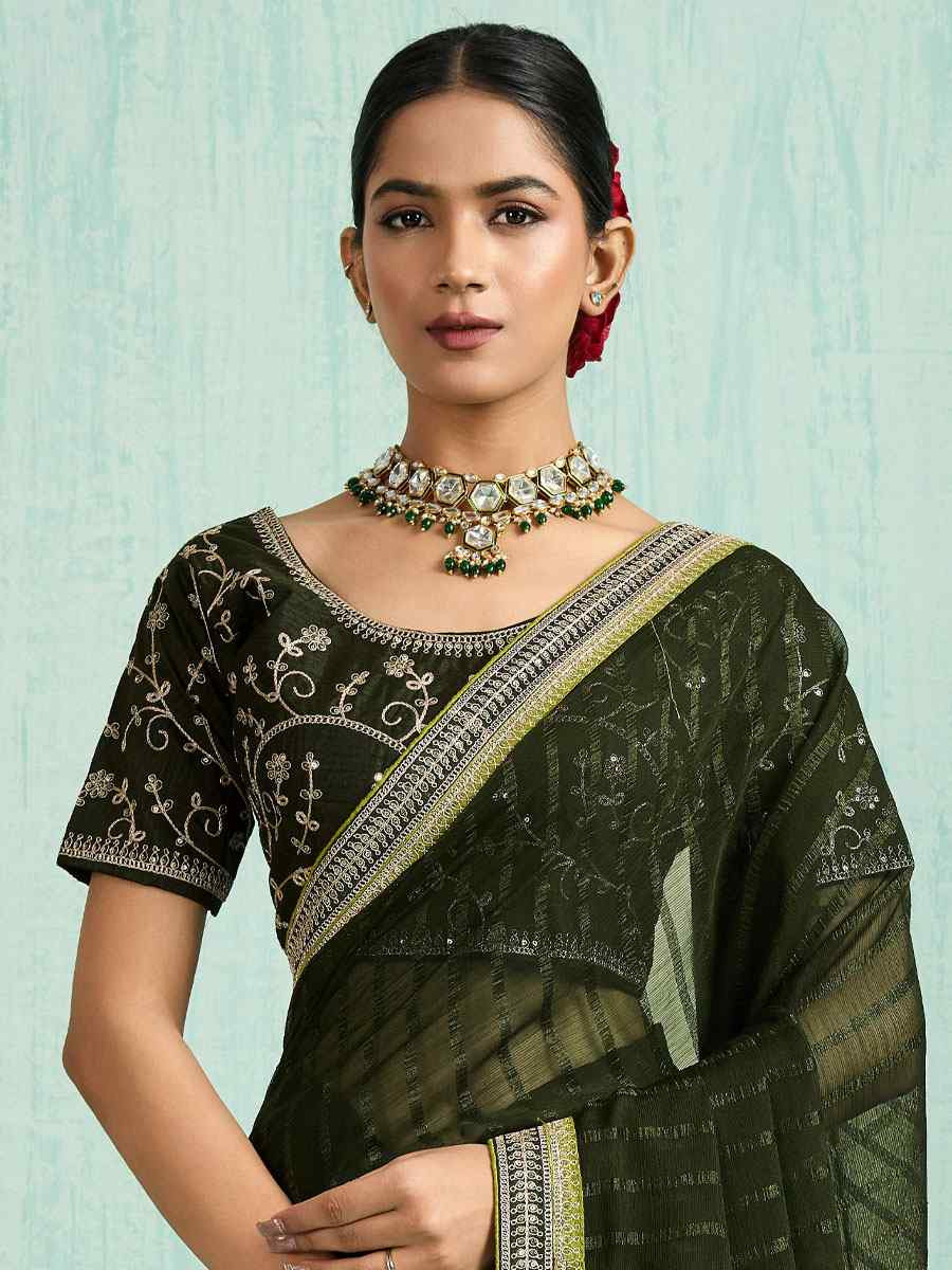 Green Chiffon Embroidery Bridal Reception Festival Wedding Fancy Heavy Border Saree