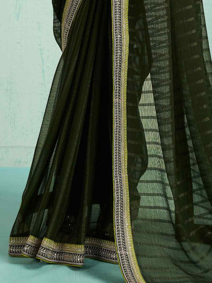 Green Chiffon Embroidery Bridal Reception Festival Wedding Fancy Heavy Border Saree