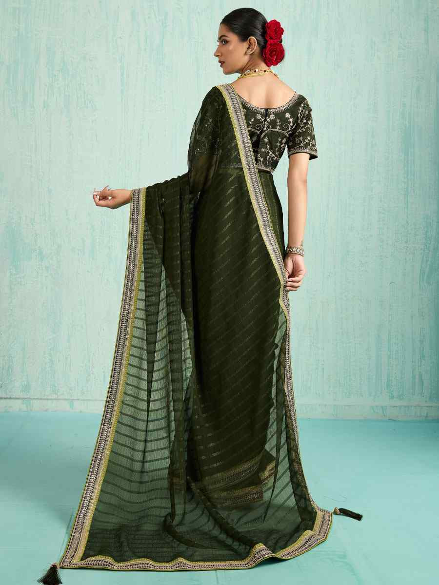 Green Chiffon Embroidery Bridal Reception Festival Wedding Fancy Heavy Border Saree