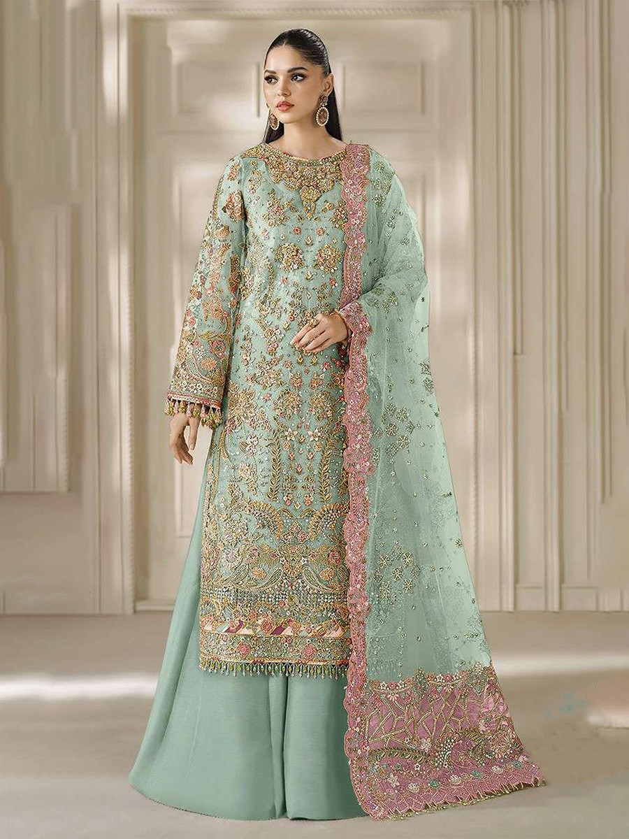 Green Chiffon Embroidery Zari Sequins Wedding Party Festival Casual Palazzo Pant Salwar Kameez