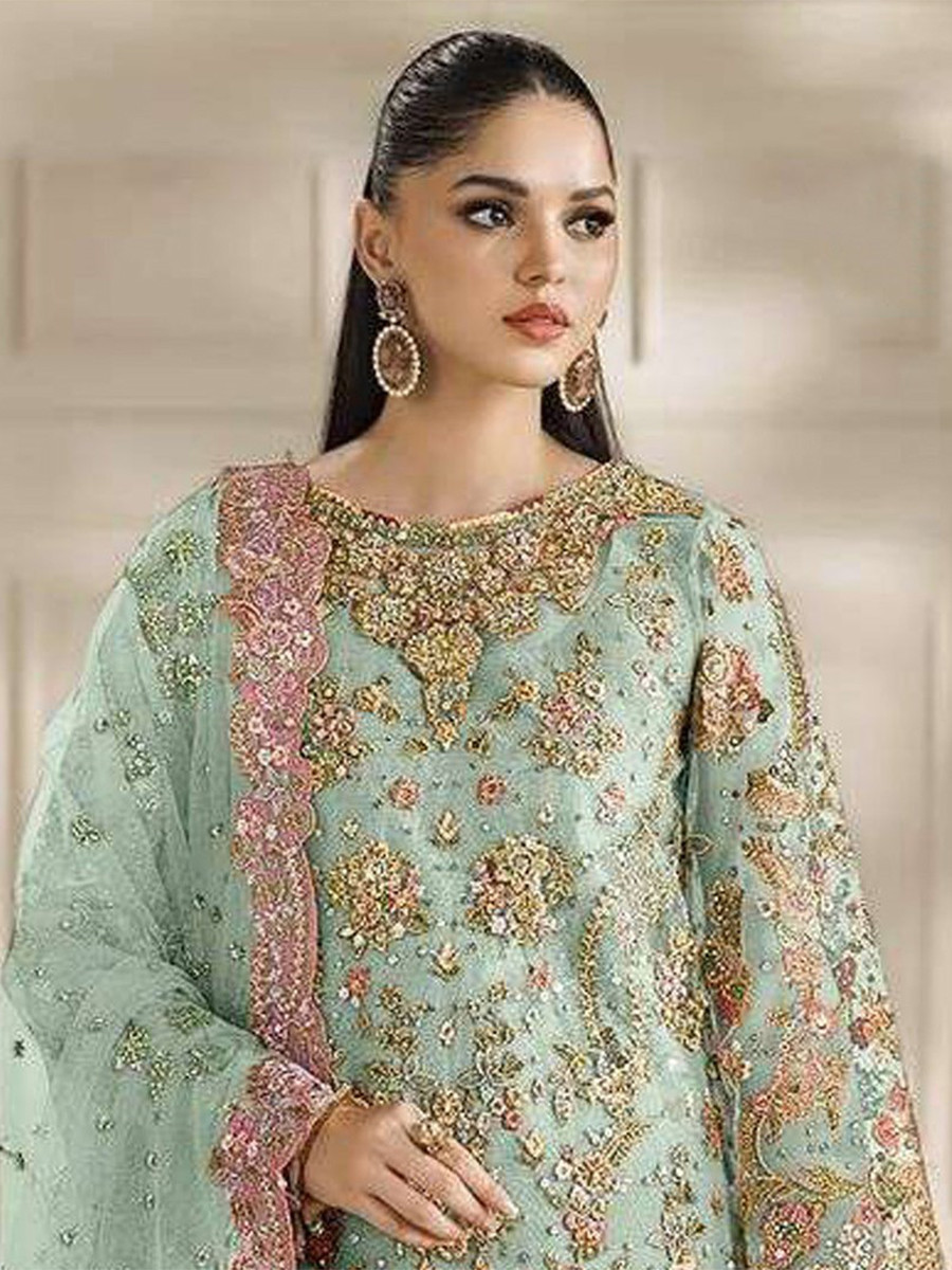 Green Chiffon Embroidery Zari Sequins Wedding Party Festival Casual Palazzo Pant Salwar Kameez