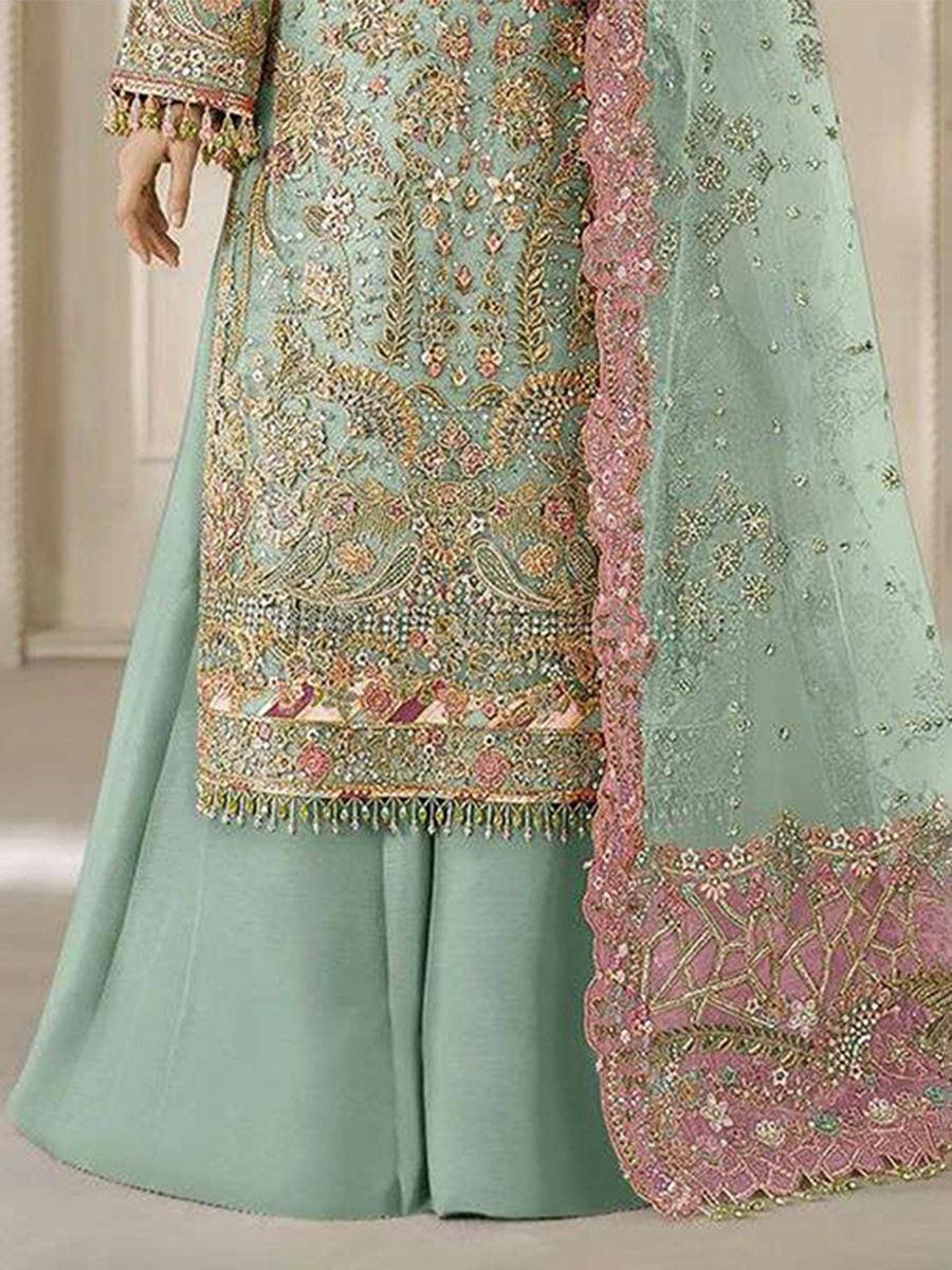 Green Chiffon Embroidery Zari Sequins Wedding Party Festival Casual Palazzo Pant Salwar Kameez