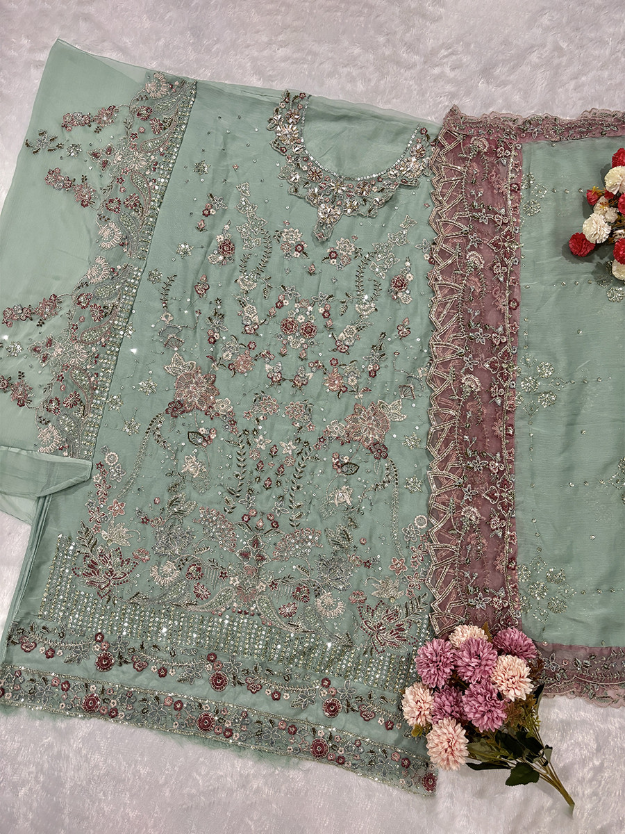 Green Chiffon Embroidery Zari Sequins Wedding Party Festival Casual Palazzo Pant Salwar Kameez