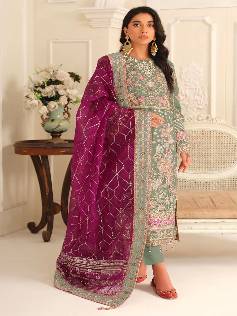 Green Chiffon Embroidery Zari Sequins Wedding Party Festival Casual Pant Salwar Kameez