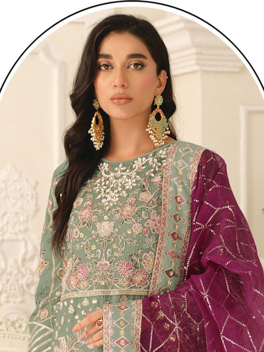 Green Chiffon Embroidery Zari Sequins Wedding Party Festival Casual Pant Salwar Kameez