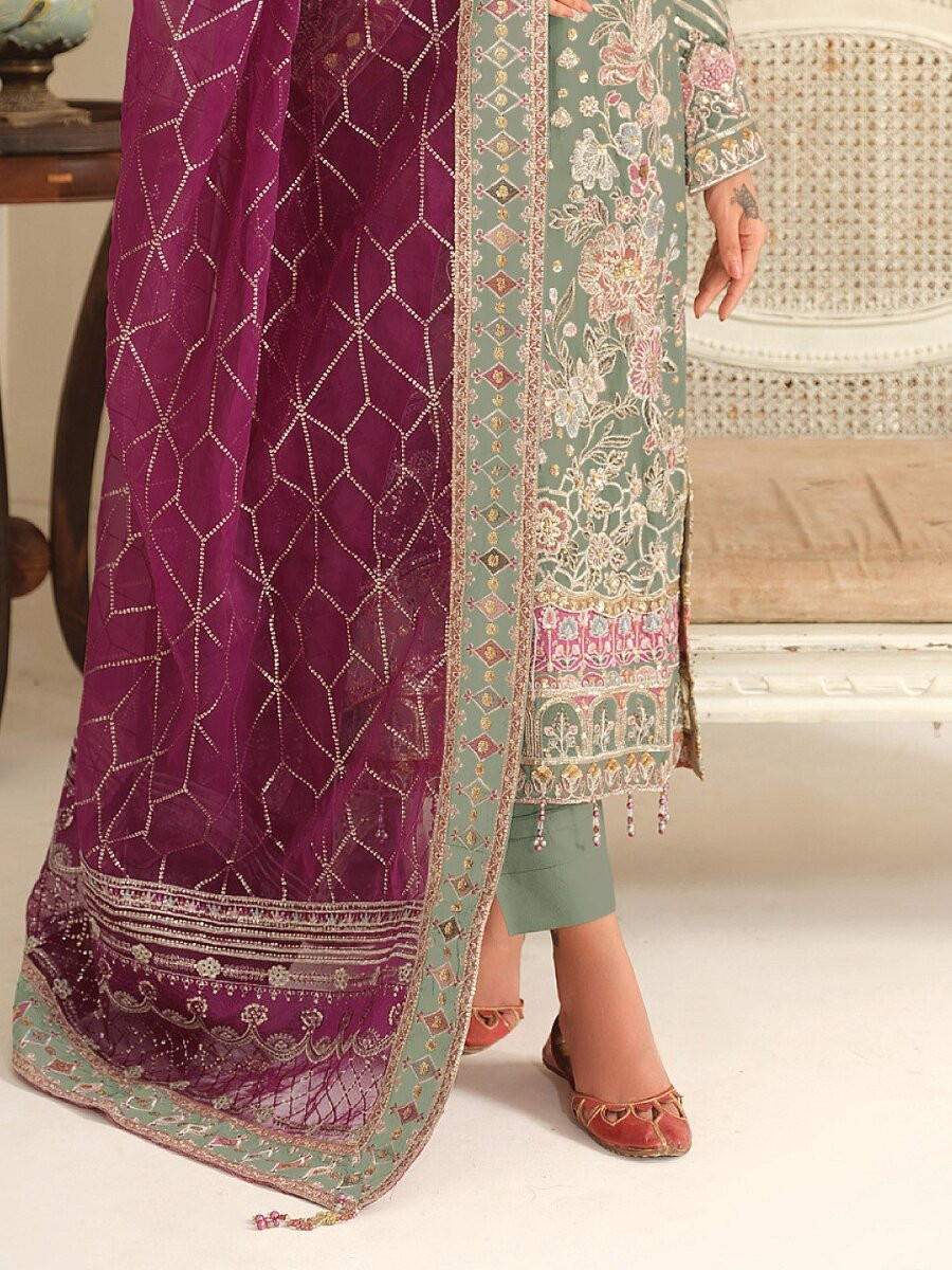 Green Chiffon Embroidery Zari Sequins Wedding Party Festival Casual Pant Salwar Kameez