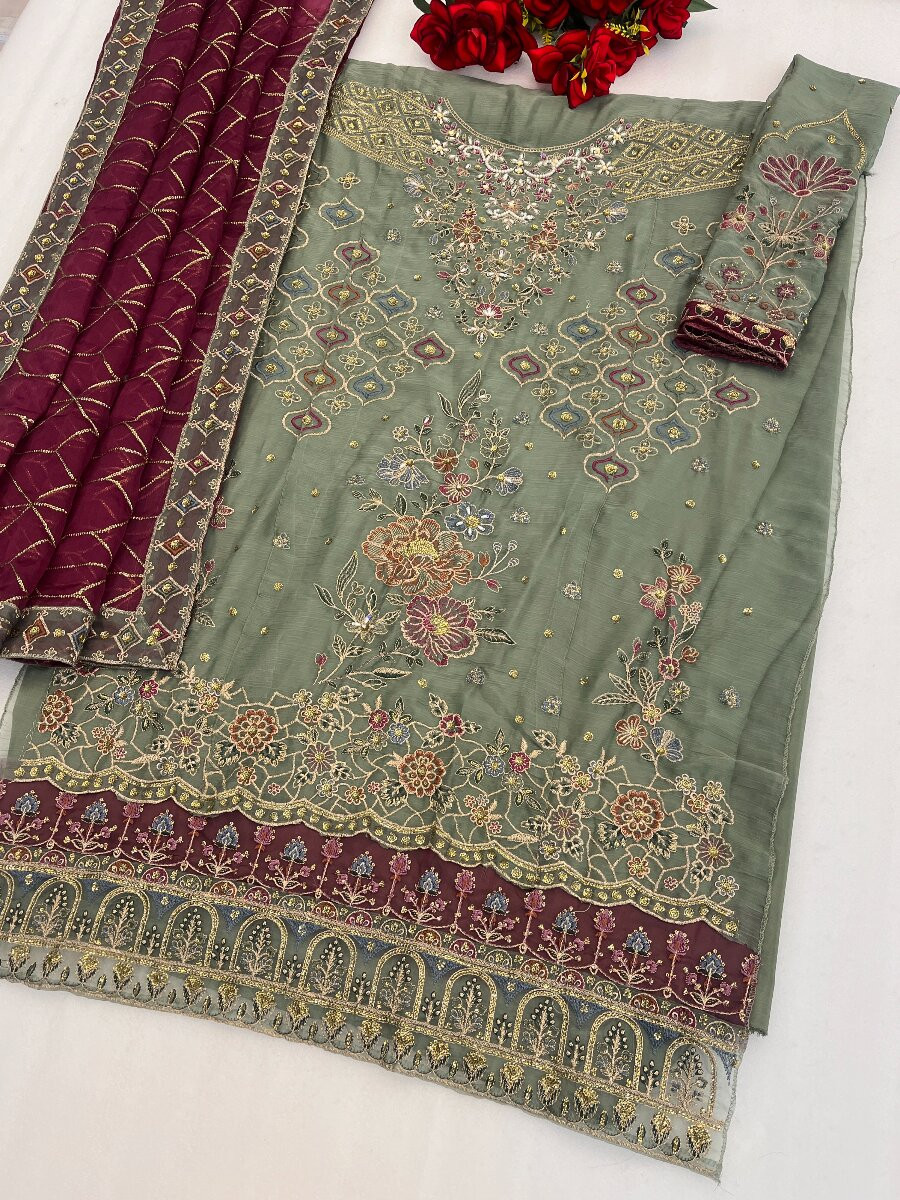 Green Chiffon Embroidery Zari Sequins Wedding Party Festival Casual Pant Salwar Kameez