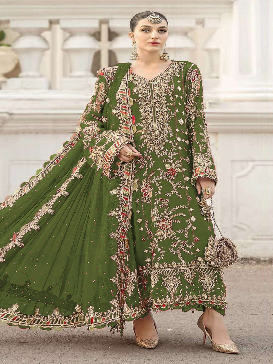 Green Chiffon Embroidery Zari Sequins Wedding Party Festival Engagement Pant Salwar Kameez