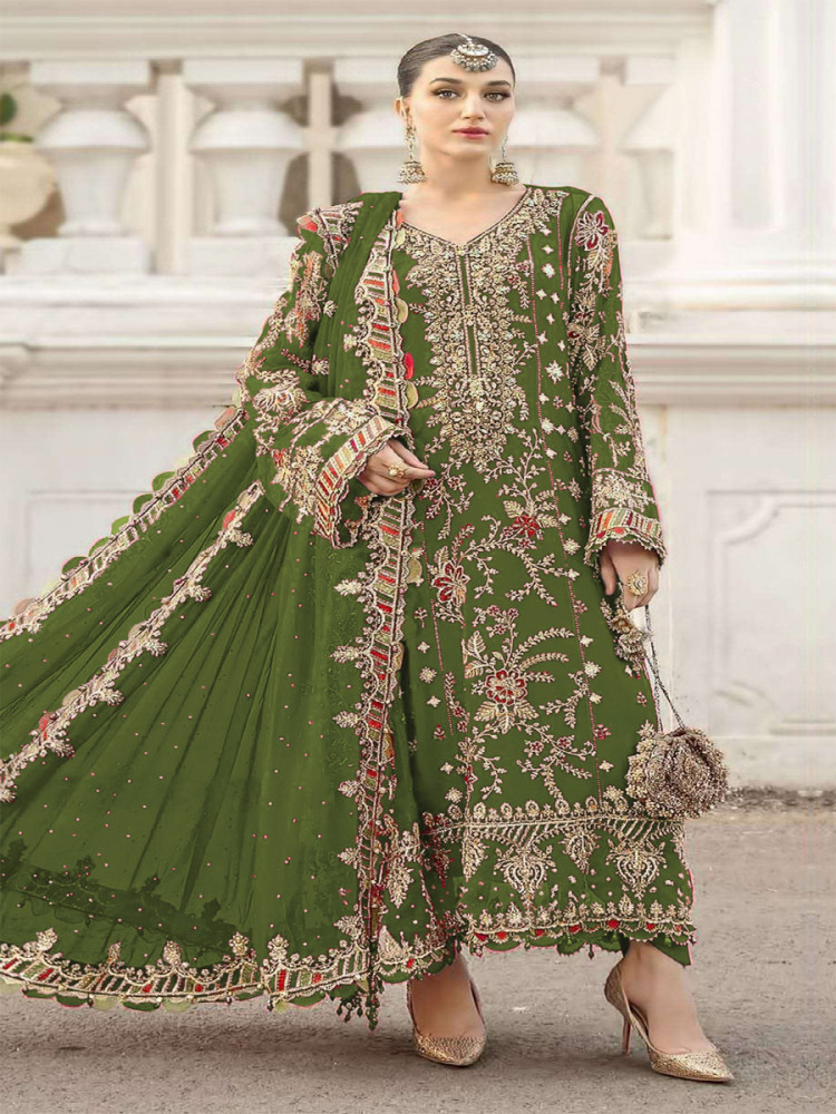 Image of Green Chiffon Embroidery Zari Sequins Wedding Party Festival Engagement Pant Salwar Kameez
