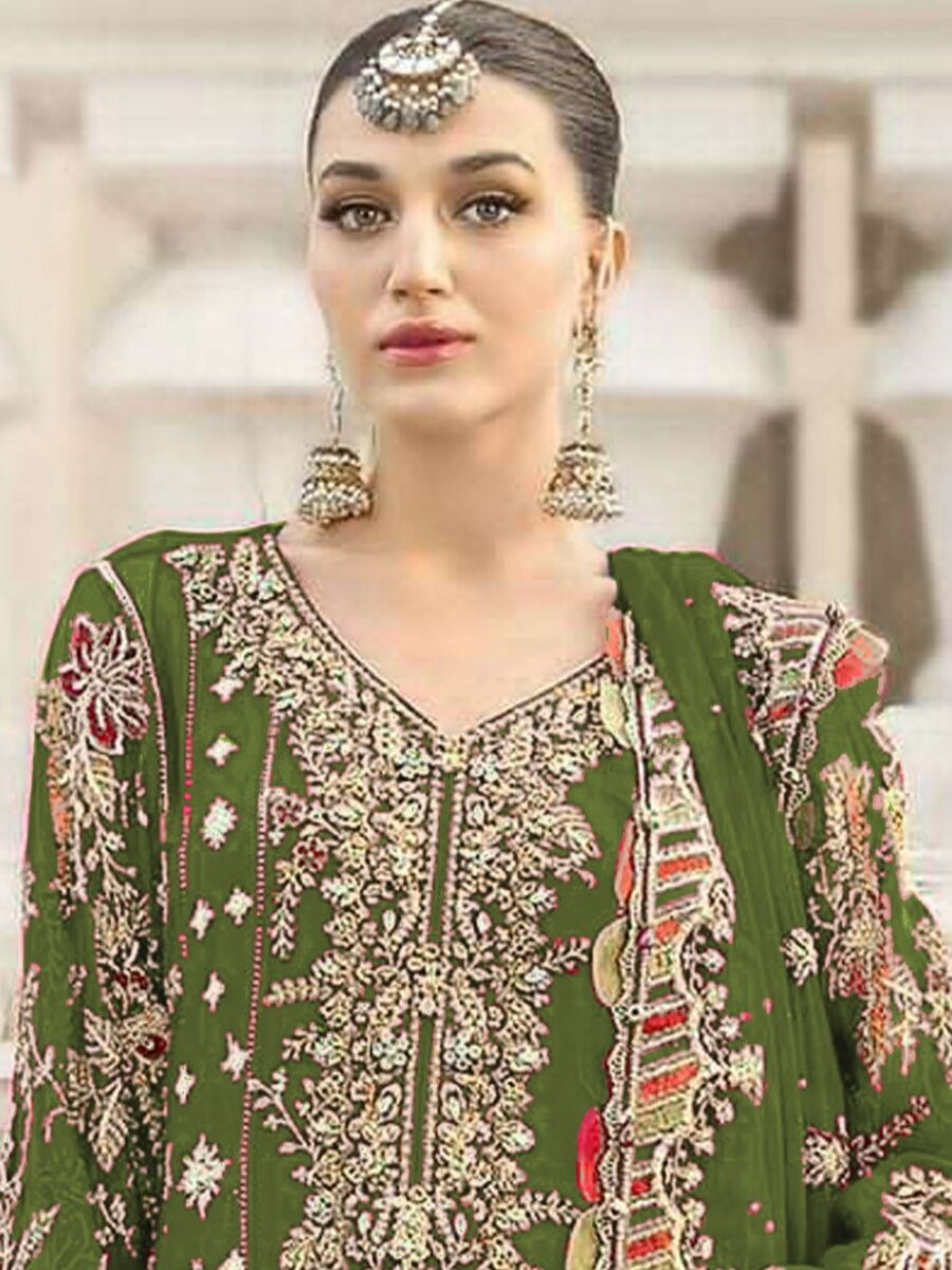 Green Chiffon Embroidery Zari Sequins Wedding Party Festival Engagement Pant Salwar Kameez