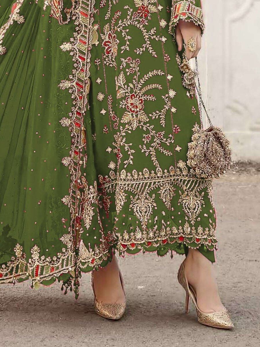 Green Chiffon Embroidery Zari Sequins Wedding Party Festival Engagement Pant Salwar Kameez