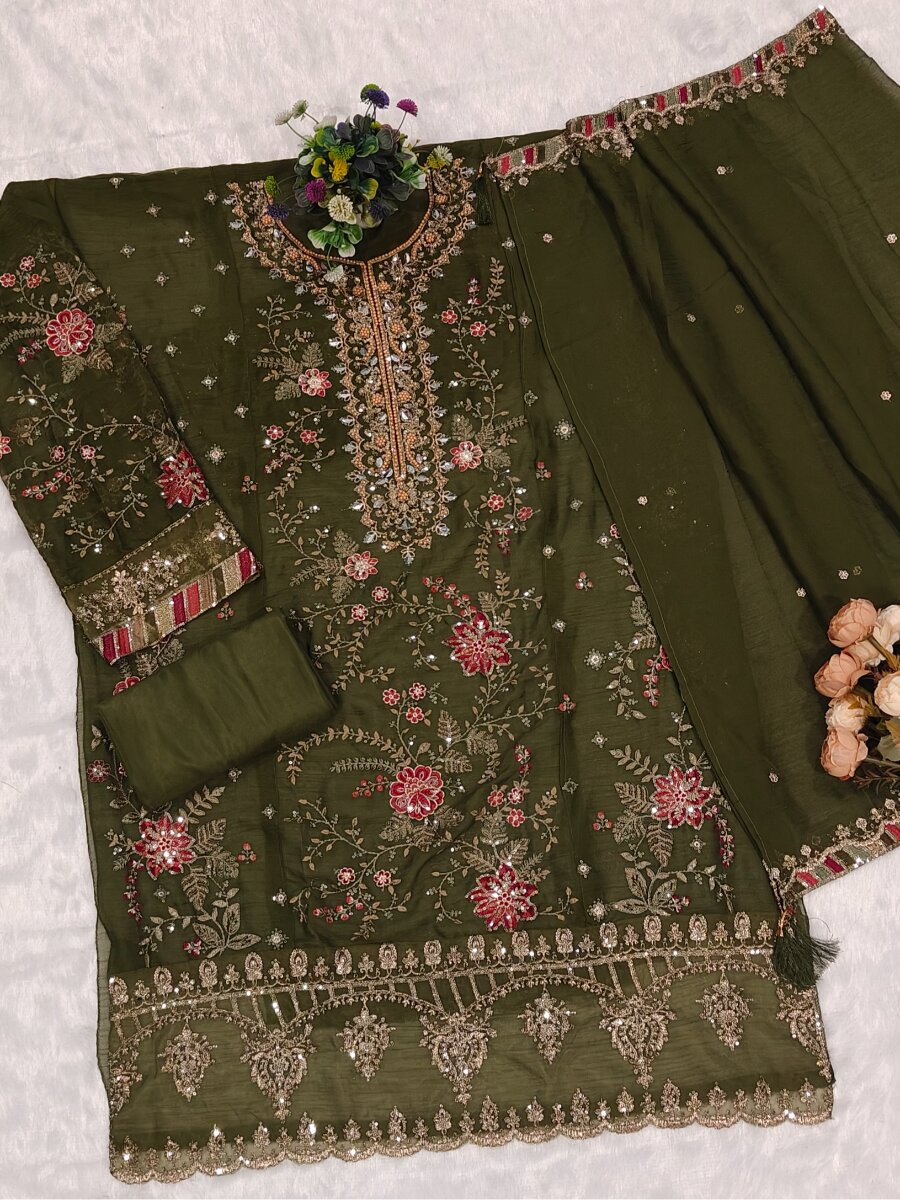 Green Chiffon Embroidery Zari Sequins Wedding Party Festival Engagement Pant Salwar Kameez