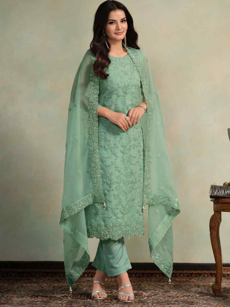 Green Chiffon Organza Embroidered Festival Wedding Pant Salwar Kameez
