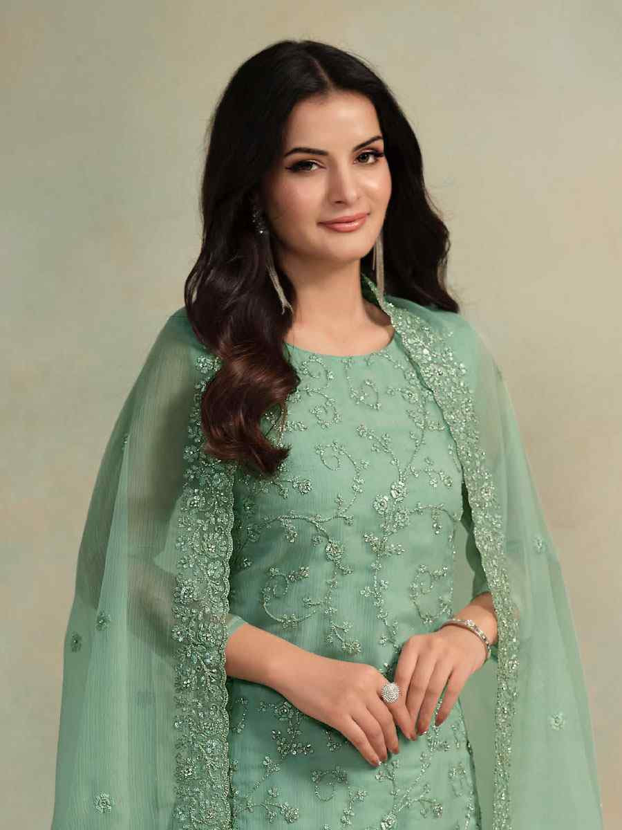 Green Chiffon Organza Embroidered Festival Wedding Pant Salwar Kameez