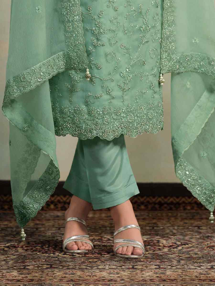 Green Chiffon Organza Embroidered Festival Wedding Pant Salwar Kameez