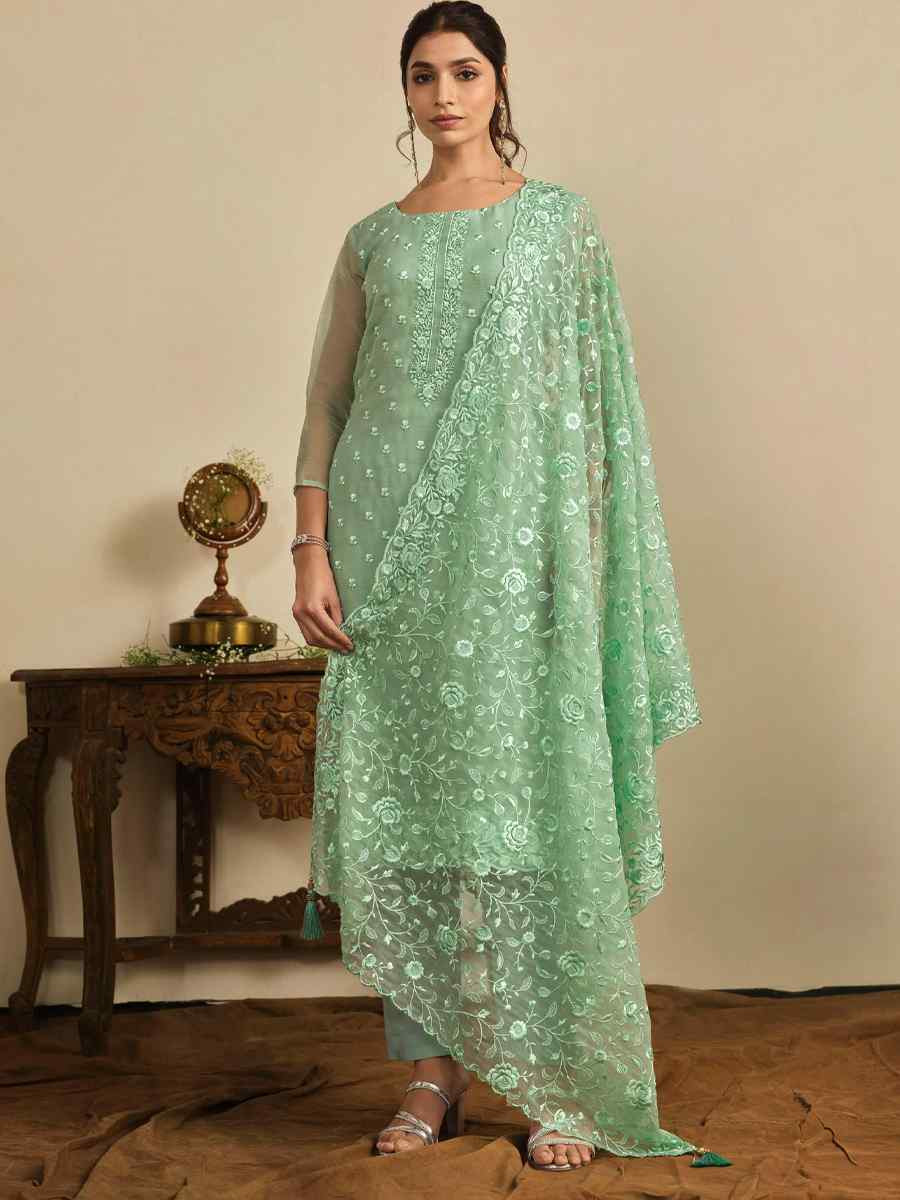 Green Chiffon Organza Embroidered Festival Wedding Pant Salwar Kameez