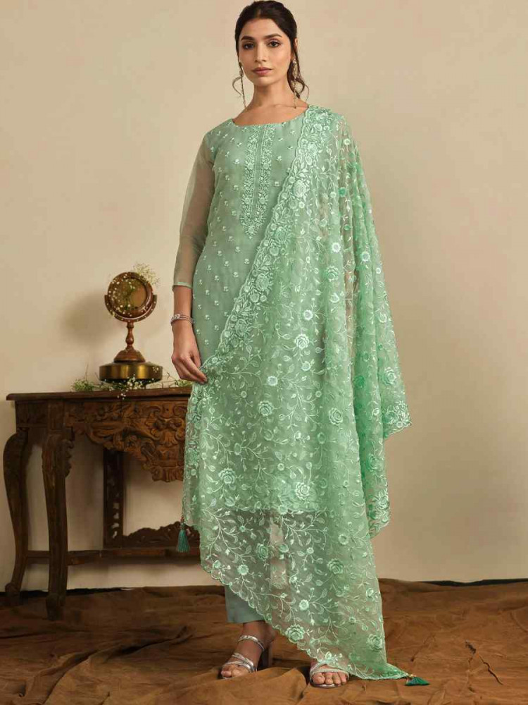 Green Chiffon Organza Embroidered Festival Wedding Pant Salwar Kameez