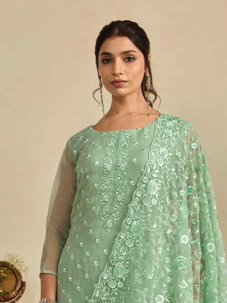 Green Chiffon Organza Embroidered Festival Wedding Pant Salwar Kameez