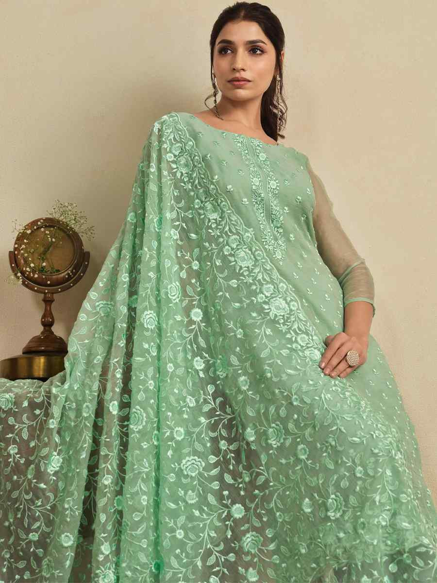 Green Chiffon Organza Embroidered Festival Wedding Pant Salwar Kameez