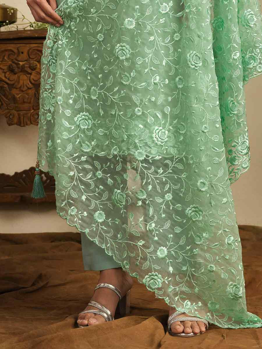 Green Chiffon Organza Embroidered Festival Wedding Pant Salwar Kameez