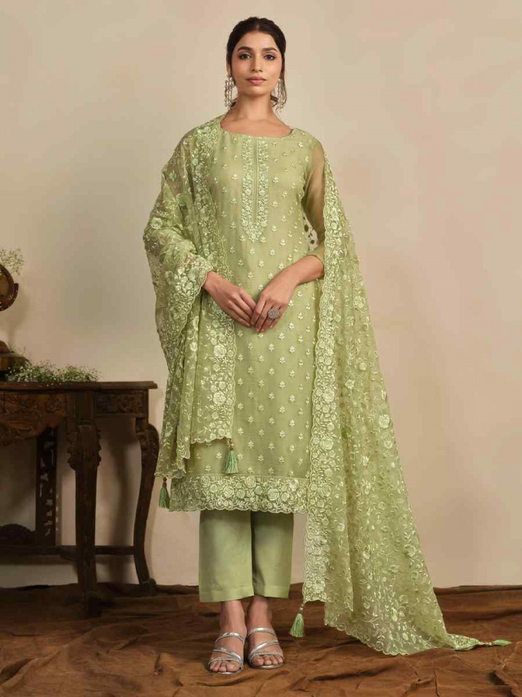 Green Chiffon Organza Embroidered Festival Wedding Pant Salwar Kameez