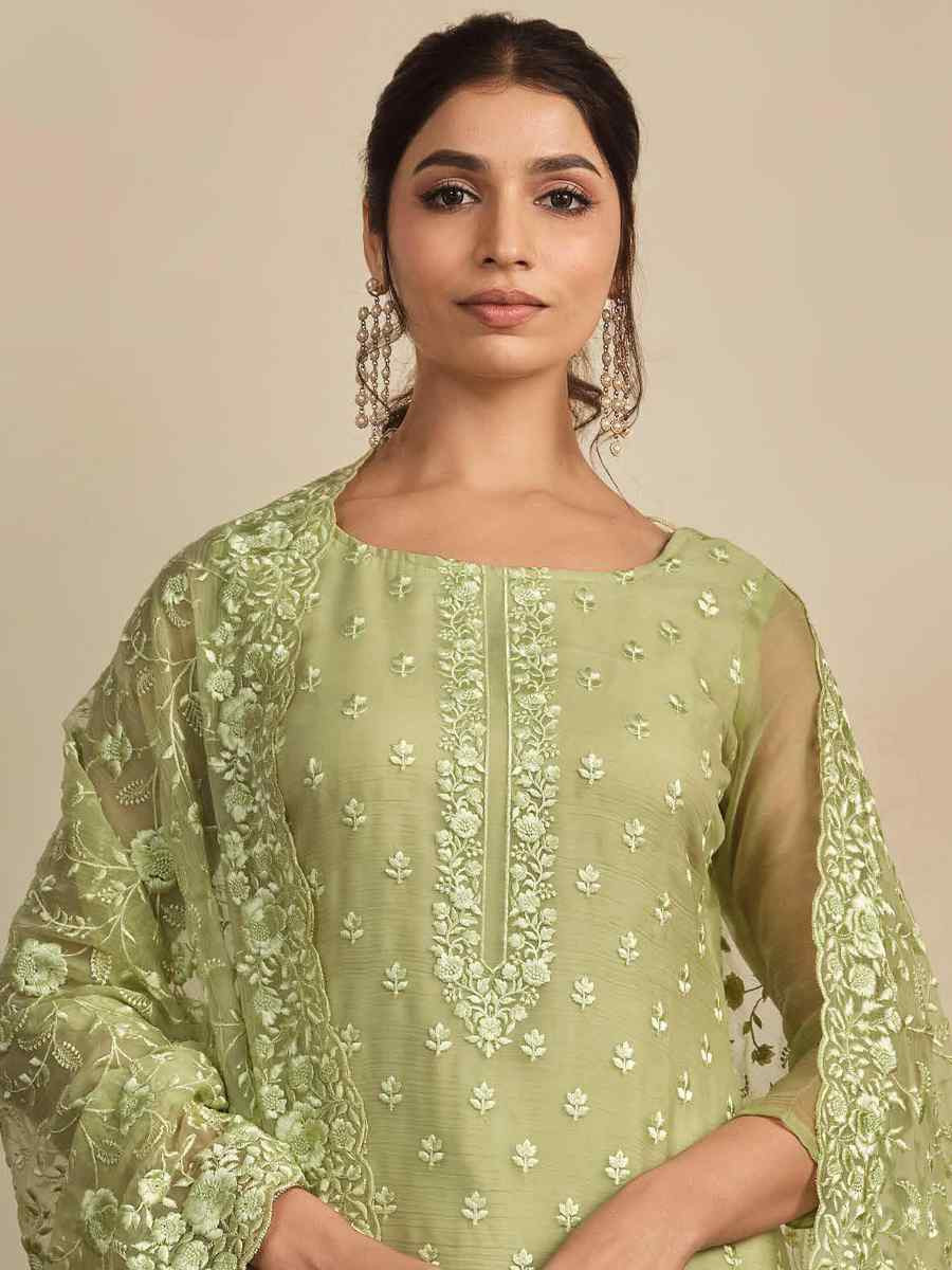 Green Chiffon Organza Embroidered Festival Wedding Pant Salwar Kameez