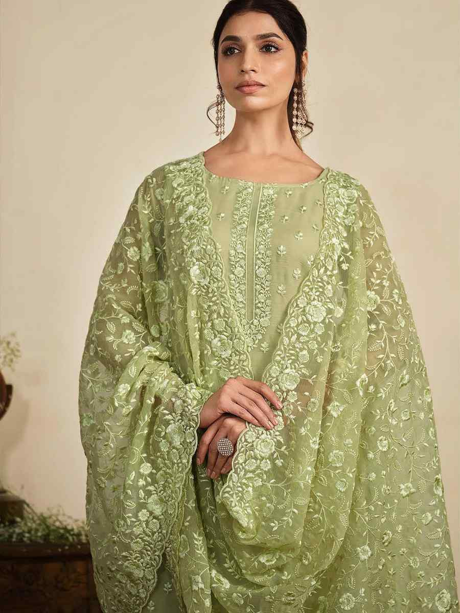 Green Chiffon Organza Embroidered Festival Wedding Pant Salwar Kameez
