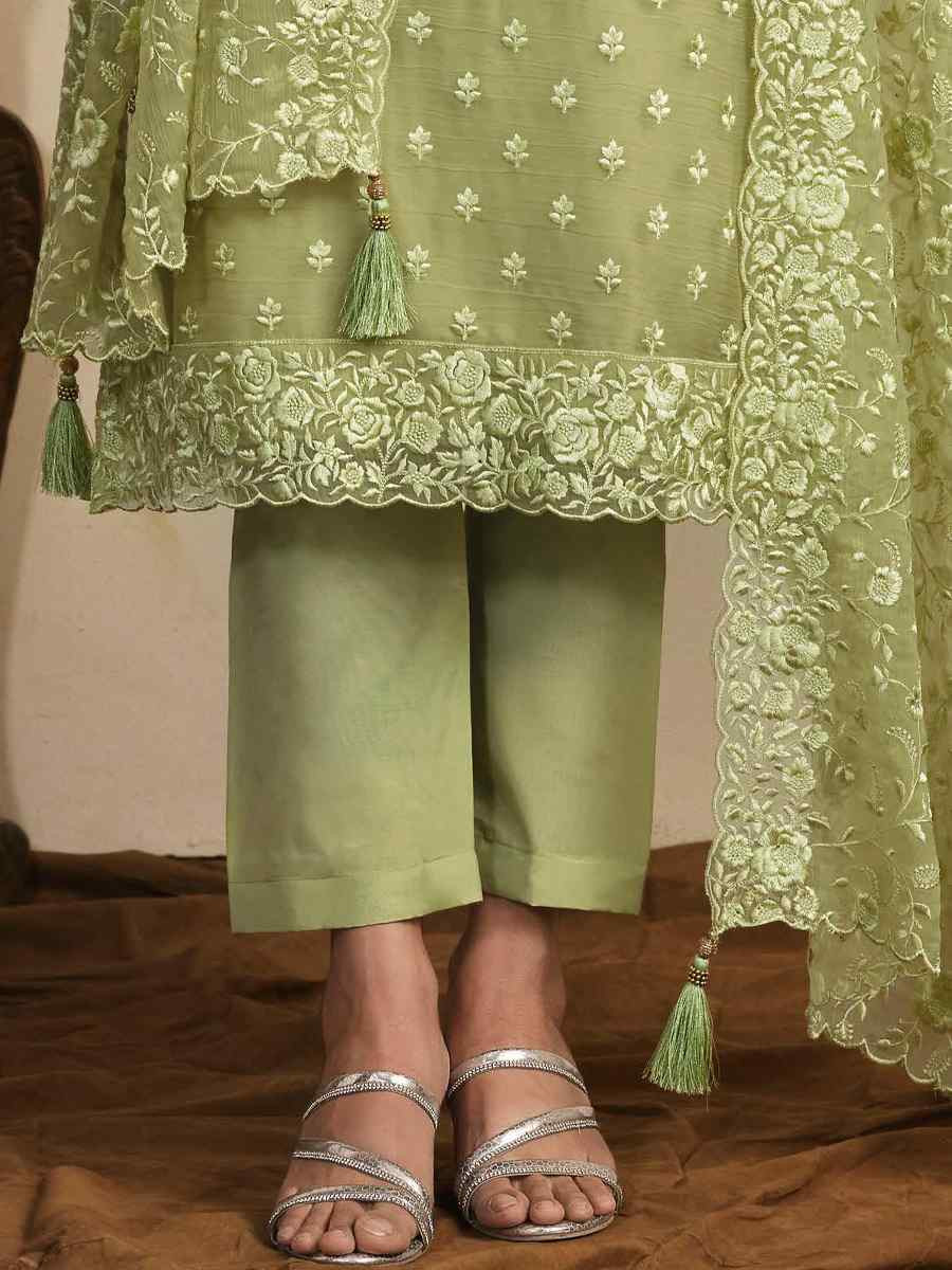 Green Chiffon Organza Embroidered Festival Wedding Pant Salwar Kameez